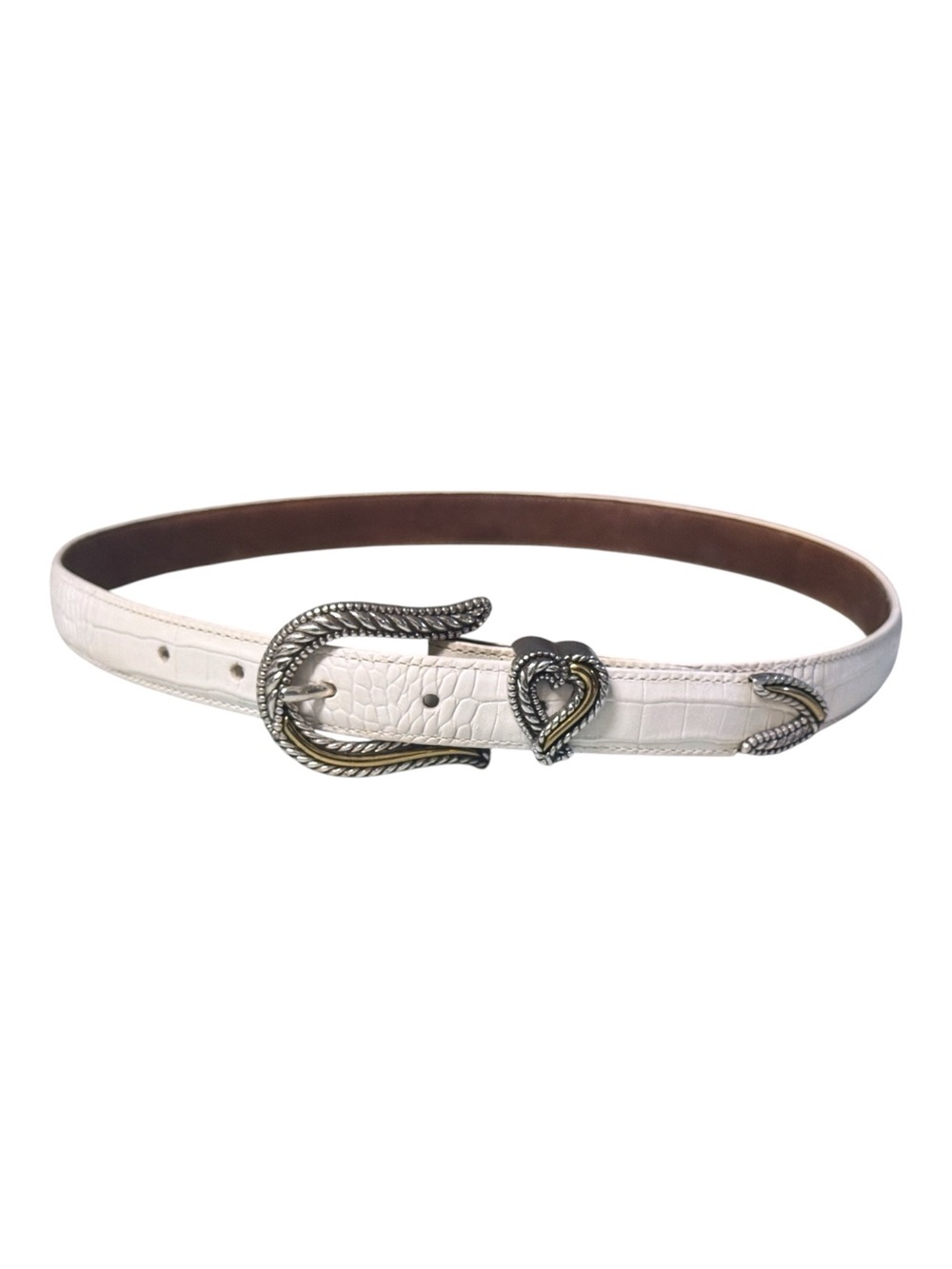 Brighton Classics White Croc-Embossed Leather Belt Two Tone Western Heart Buckle